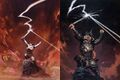 An homage by Rogers (R) of Frank Frazetta's Against the Gods (L)